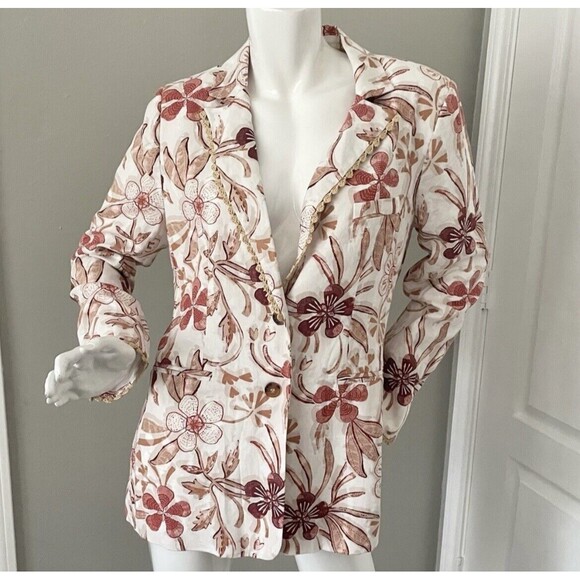 Sam Edelman Enola Flora Stamp Linen Blend Single Breasted Blazer Women’s Sz L - Picture 1 of 16